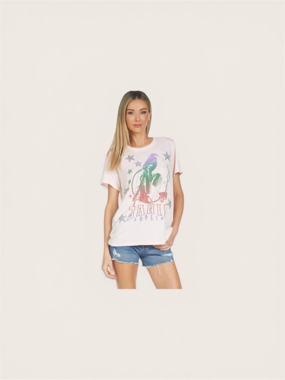 Lauren Moshi Wolf Janis Joplin with Crystals Boyfriend Tee Powder Pink LG